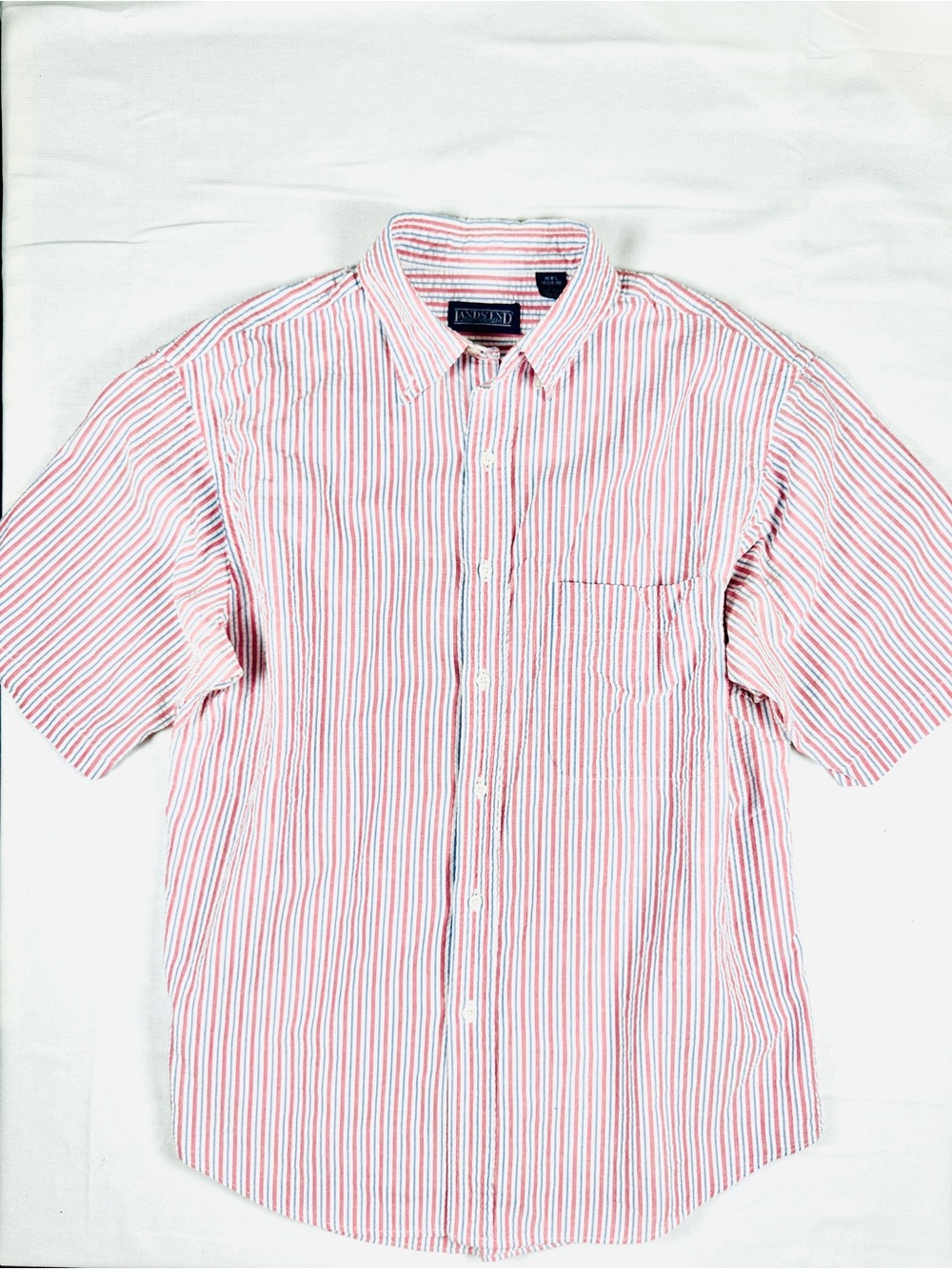 Land’s End Seersucker Short Sleeve Shirt Men's Large Striped Patriotic Coastal